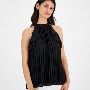 T Tahari Women's Pleated Mock-Neck Sleeveless Top - Black XL